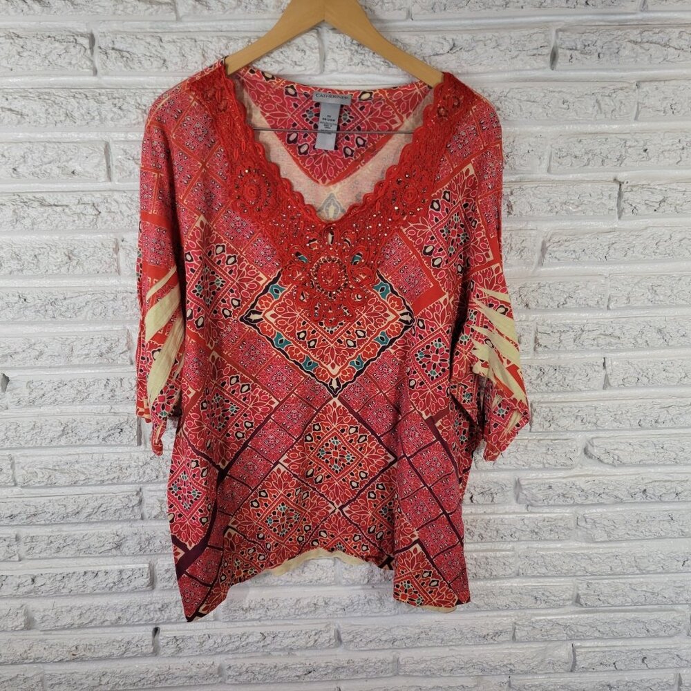 Catherines 3X Plus Size Top Red Geometric Studded Rhinestone V-Neck GEO268E